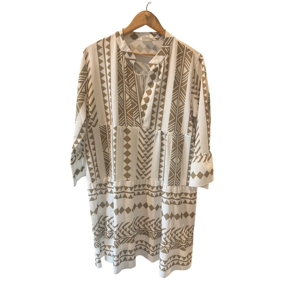 Silk & Salt Women Tan White Geometric Tribal Print Tiered Ruffle Shift Dress L